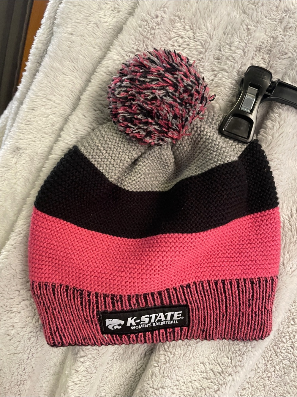 K-STATE Pink, Black & Gray Pom Knit Beanie